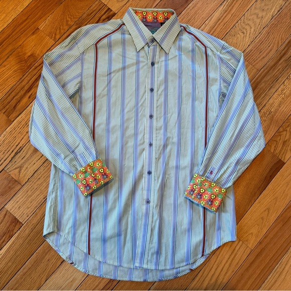 Robert Graham Floral Flip Cuff Button Down Shirt Men's Size Large Vert Stripe - Picture 5 of 14